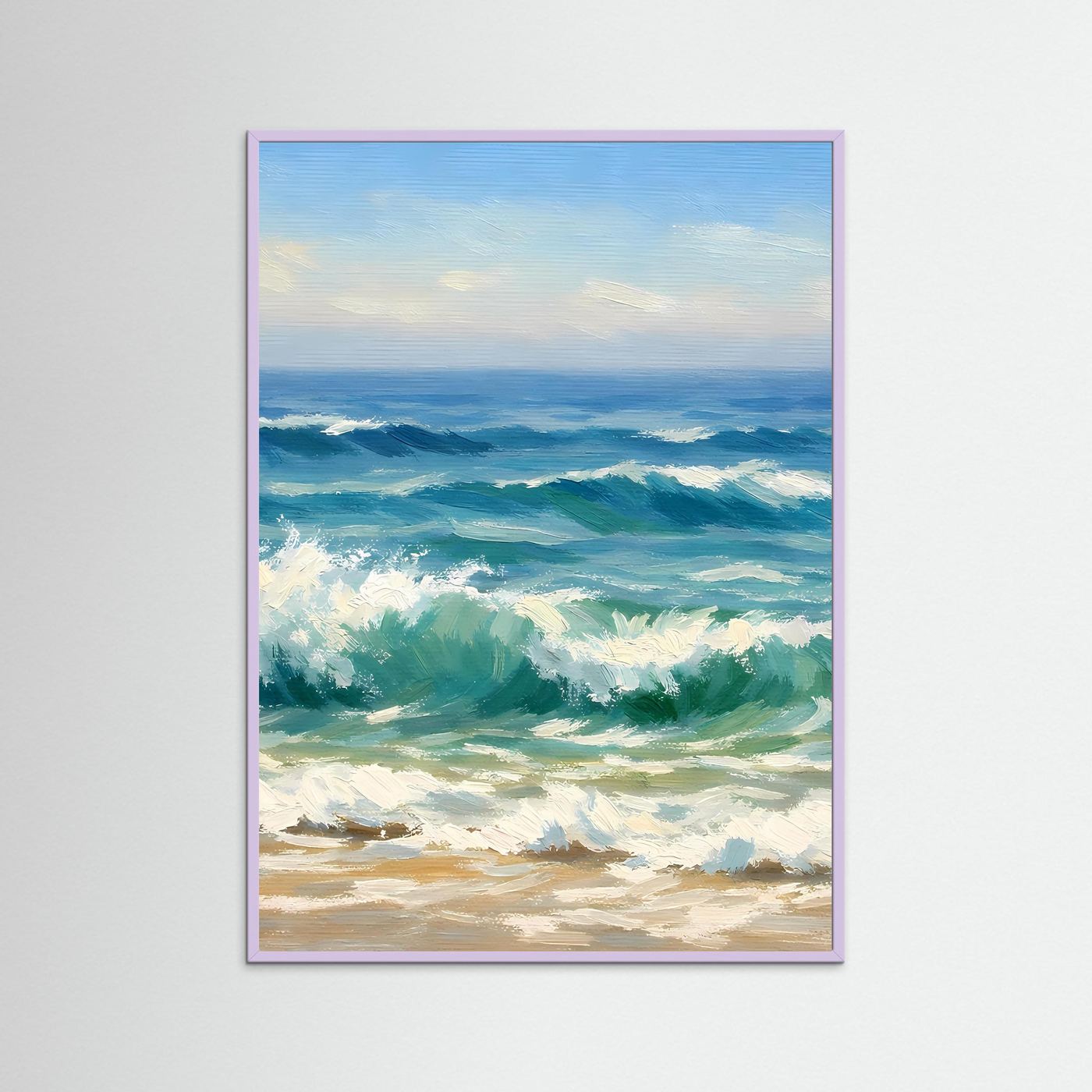 Poster mit gemalten Meereswellen am Strand in Blau- und Grüntönen, mit weißem Rahmen