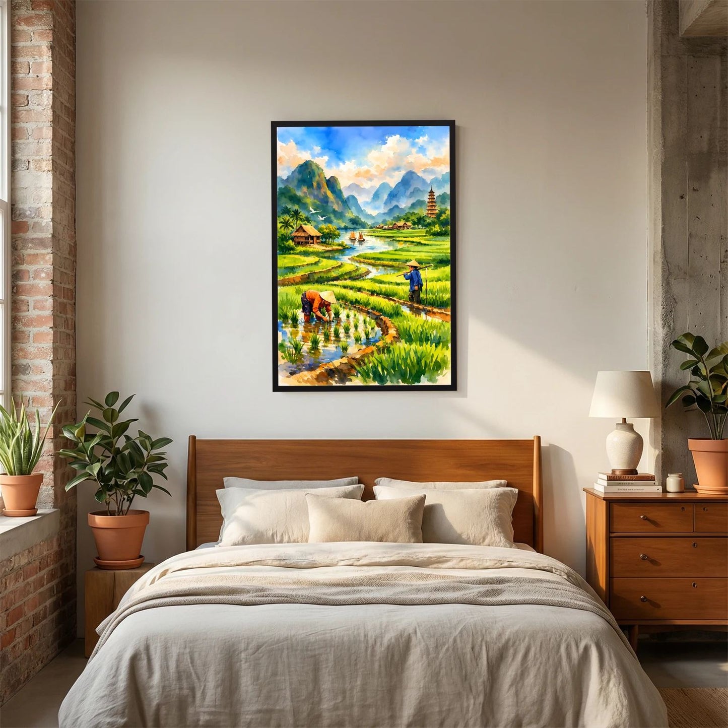 Hochformatiges Poster mit Reisfeld-Landschaft, Pagode und Bauern am Fluss, schwarzer Rahmen