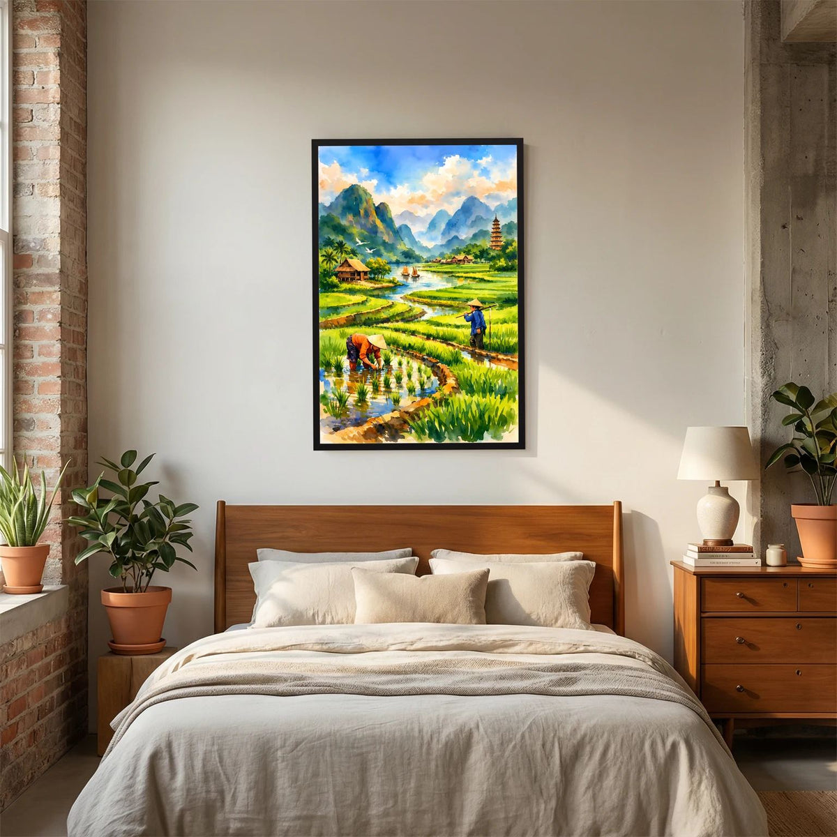 Hochformatiges Poster mit Reisfeld-Landschaft, Pagode und Bauern am Fluss, schwarzer Rahmen