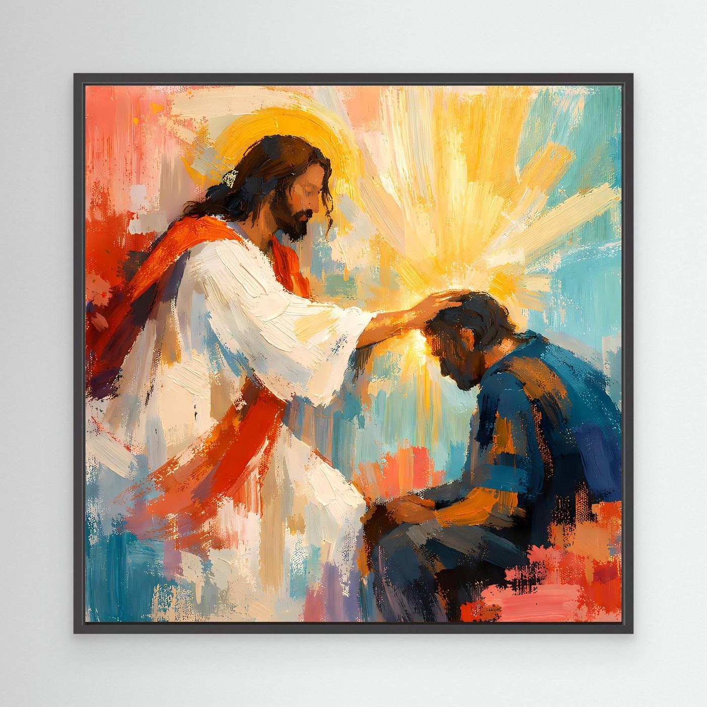 Black-framed canvas wall art of Jesus blessing a praying man with golden light rays