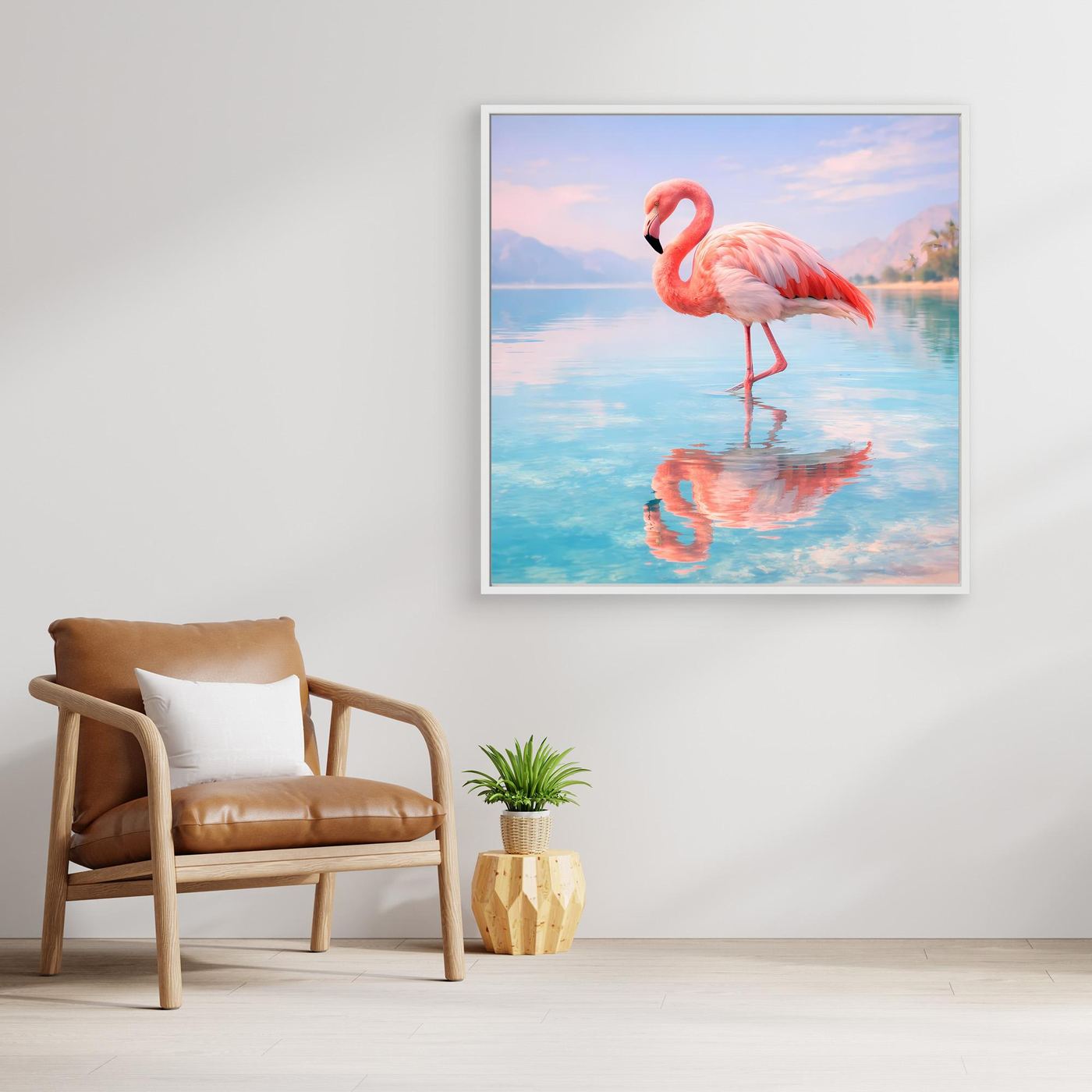 Leinwand-Wandbild mit rosa Flamingo am See, weiß gerahmt, Spiegelung im Wasser