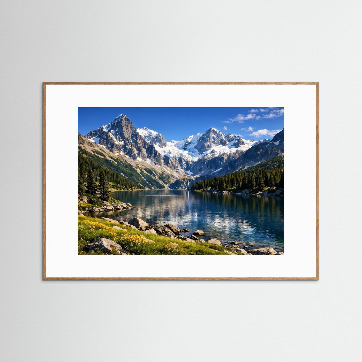 Alpenpanorama mit Bergsee und Spiegelung, Poster im naturfarbenen Holzrahmen
