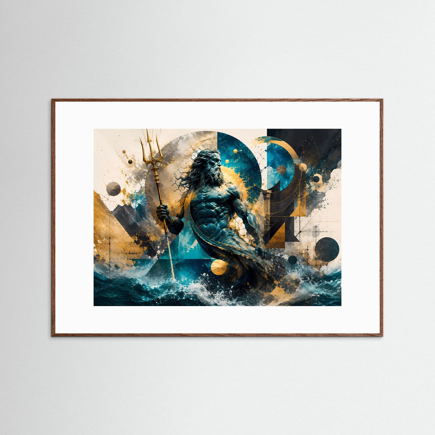 Poseidon Poster | Abstrakte Griechische Mythologie Wandkunst | Meeresgott mit Dreizack | Moderne Leinwand | Geometrische Fantasy Kunst