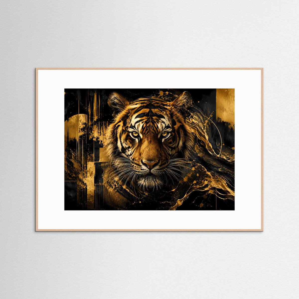Tiger-Poster im Querformat: goldener Raubtierkopf, dunkle Urban-Grafik, heller Holzrahmen