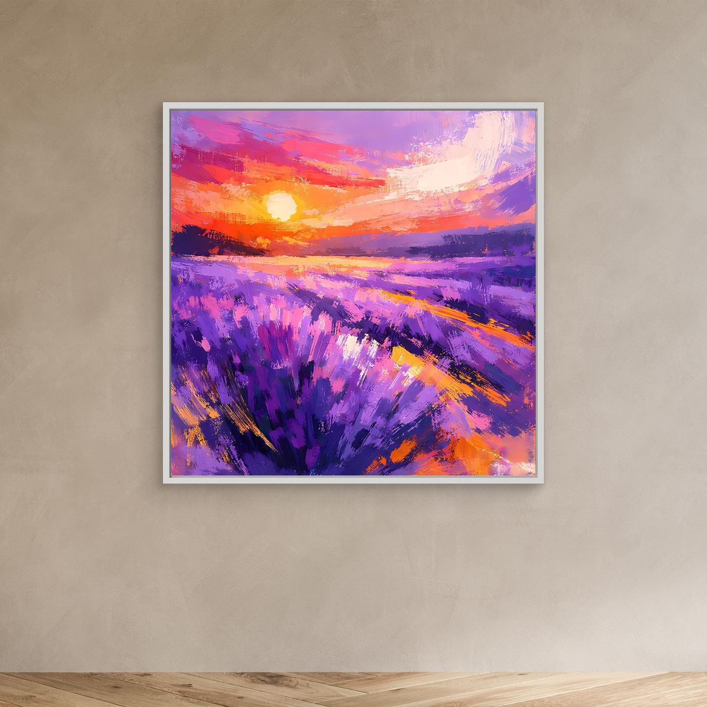 Abstract lavender field sunset canvas wall art with light frame and purple brushstrokes