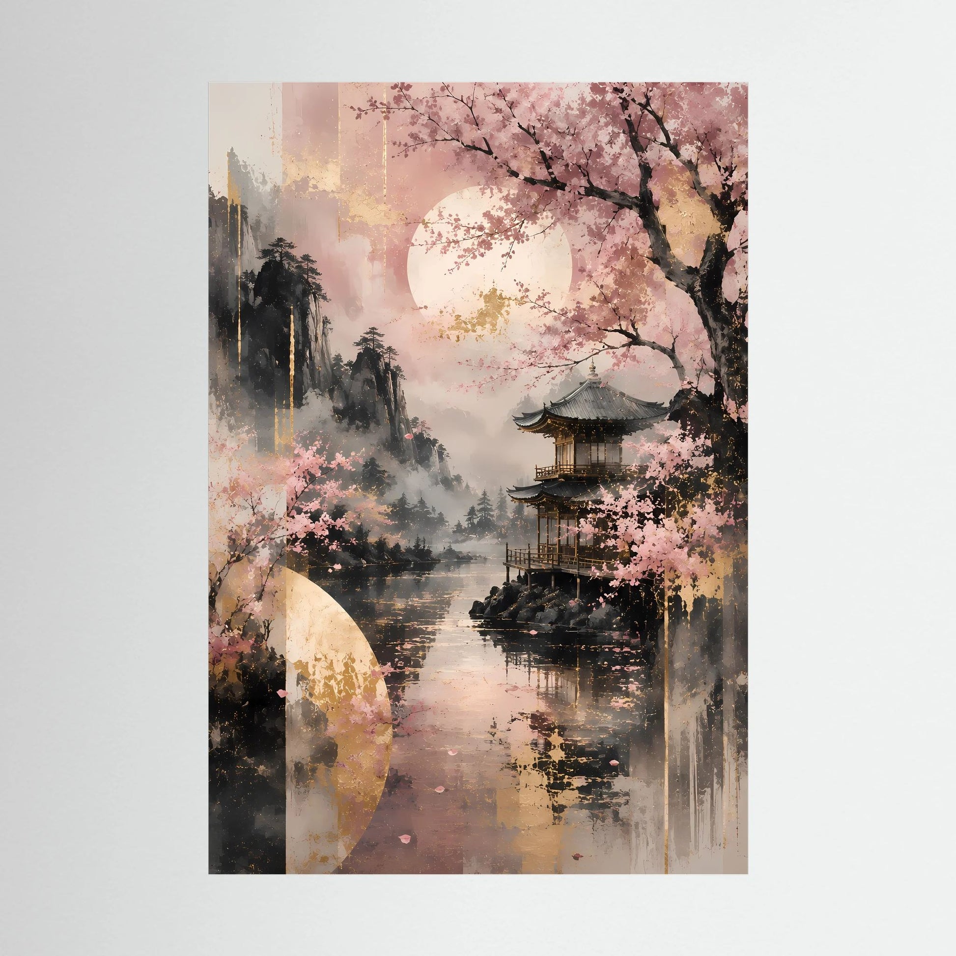 Hochformat-Poster mit Kirschblüten und Tempel am See in Rosa- und Goldtönen