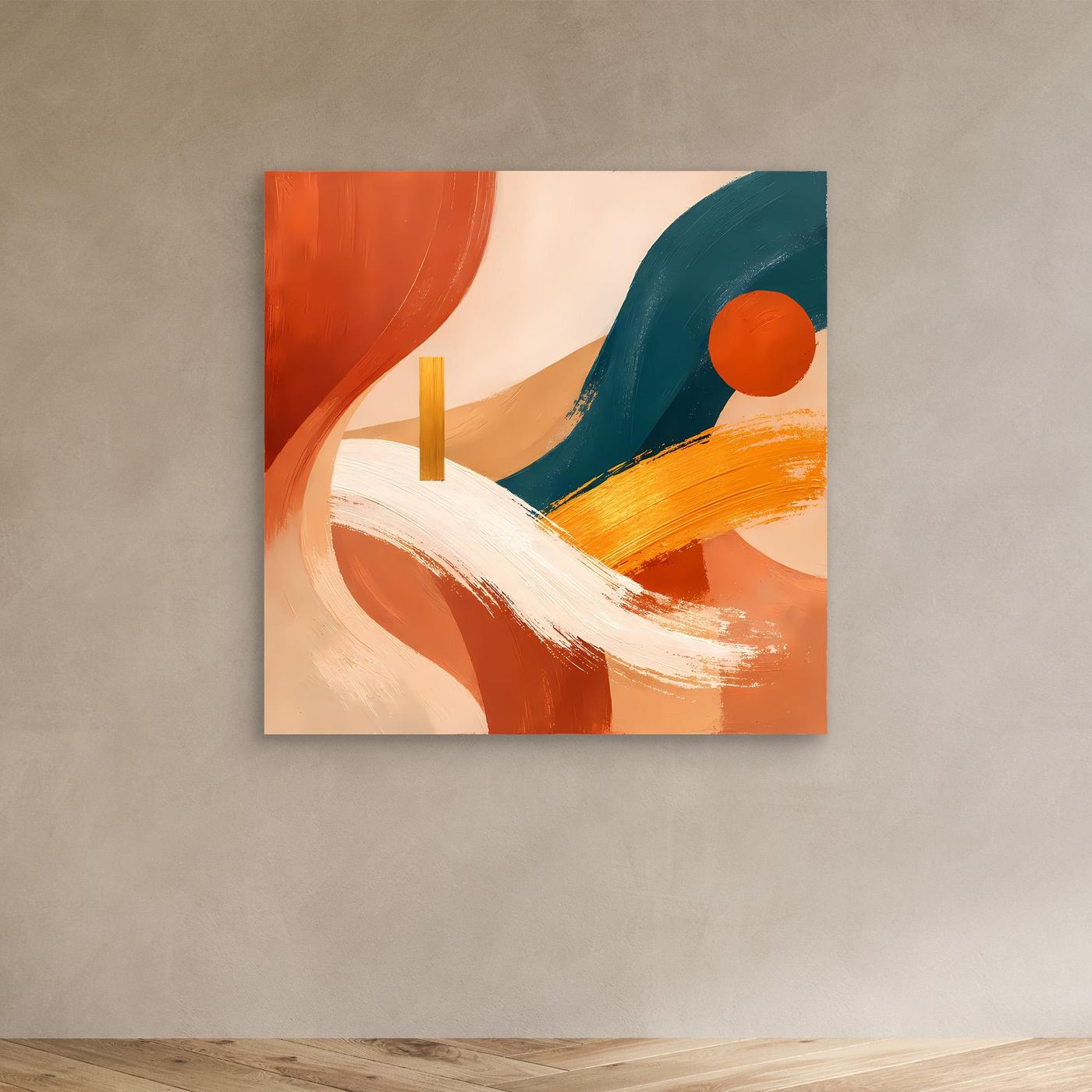 Abstraktes Boho-Wandbild auf Leinwand, orange Kreis und geschwungene Pinselstriche