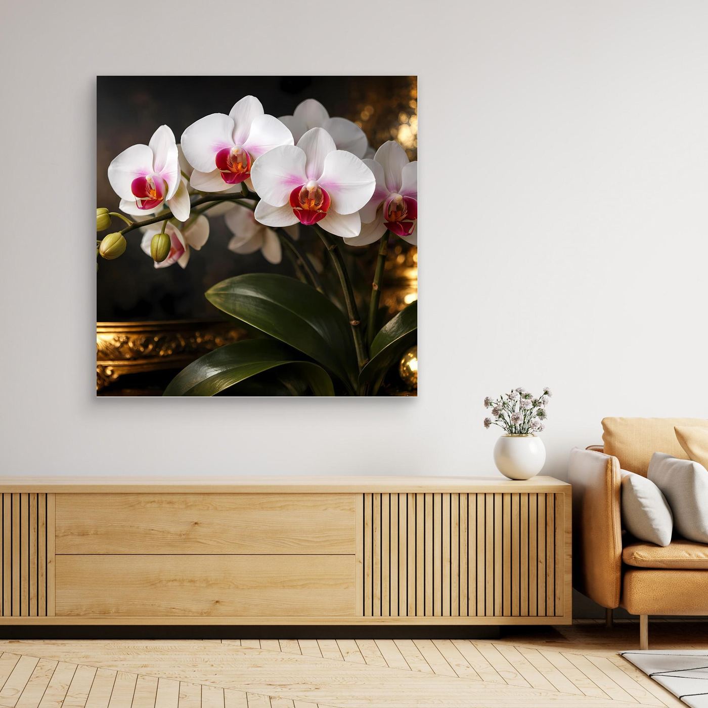 Orchideenblüten-Wandbild auf Leinwand, weiße Blüten mit rotem Zentrum, dunkler Rahmen