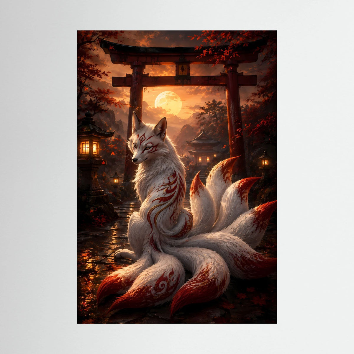 Poster: weiß-grauer Kitsune-Fuchs mit neun Schweifen vor Torii und Mondlicht