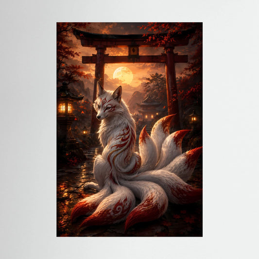 Poster: weiß-grauer Kitsune-Fuchs mit neun Schweifen vor Torii und Mondlicht
