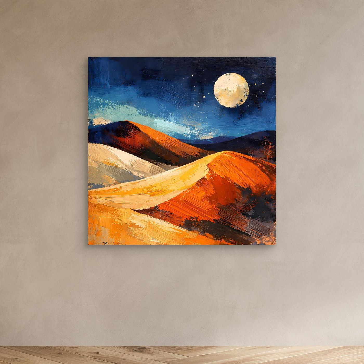 Canvas wall art featuring moonlit desert dunes in orange, cream, and blue colors
