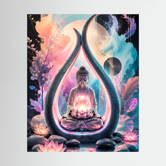Poster mit sitzendem Buddha, leuchtendem Herz und Lotusblüten im Tropfensymbol