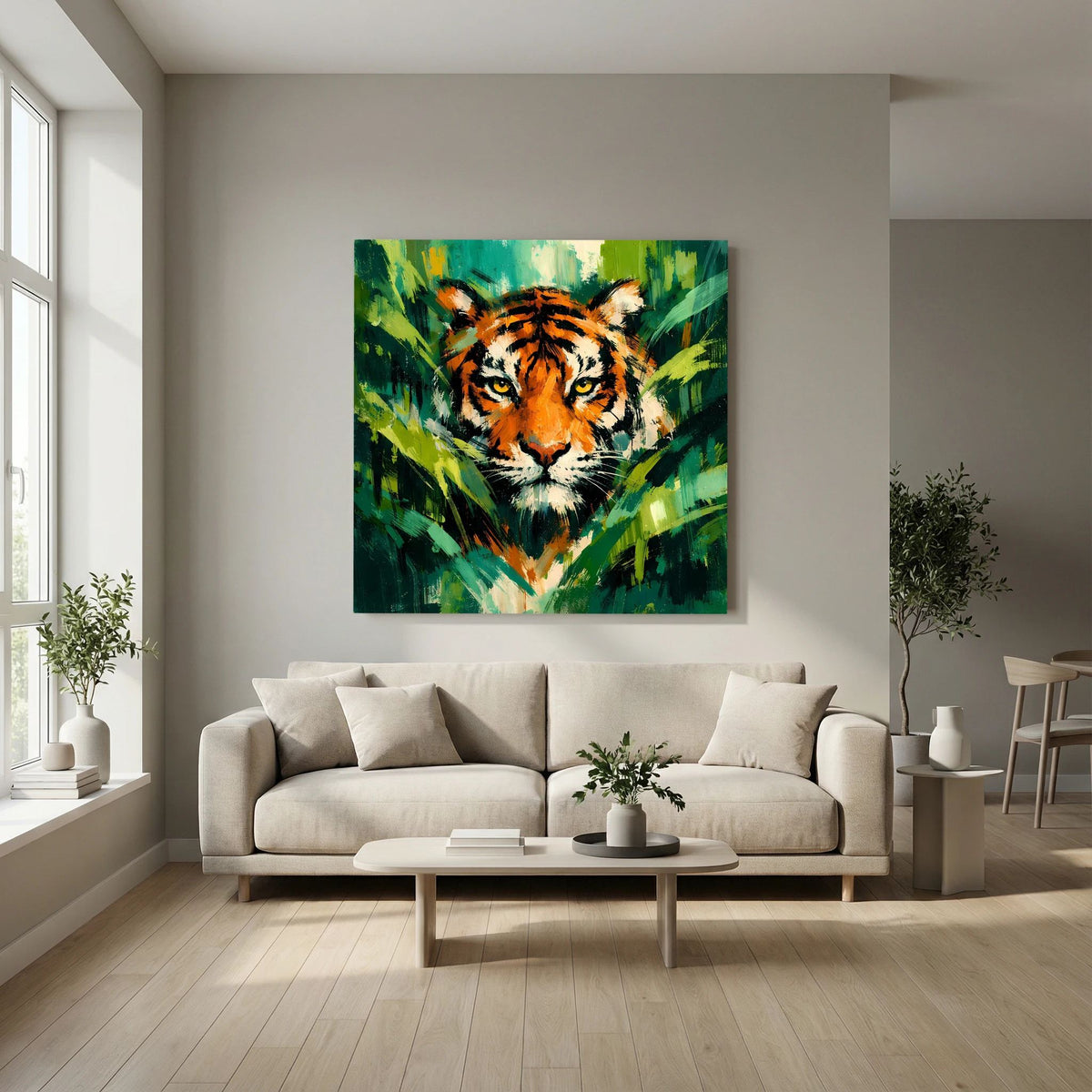 Leinwand Abstraktes Tiger Gemälde | Modernes Wandbild Raubkatze Dschungel Grün Orange