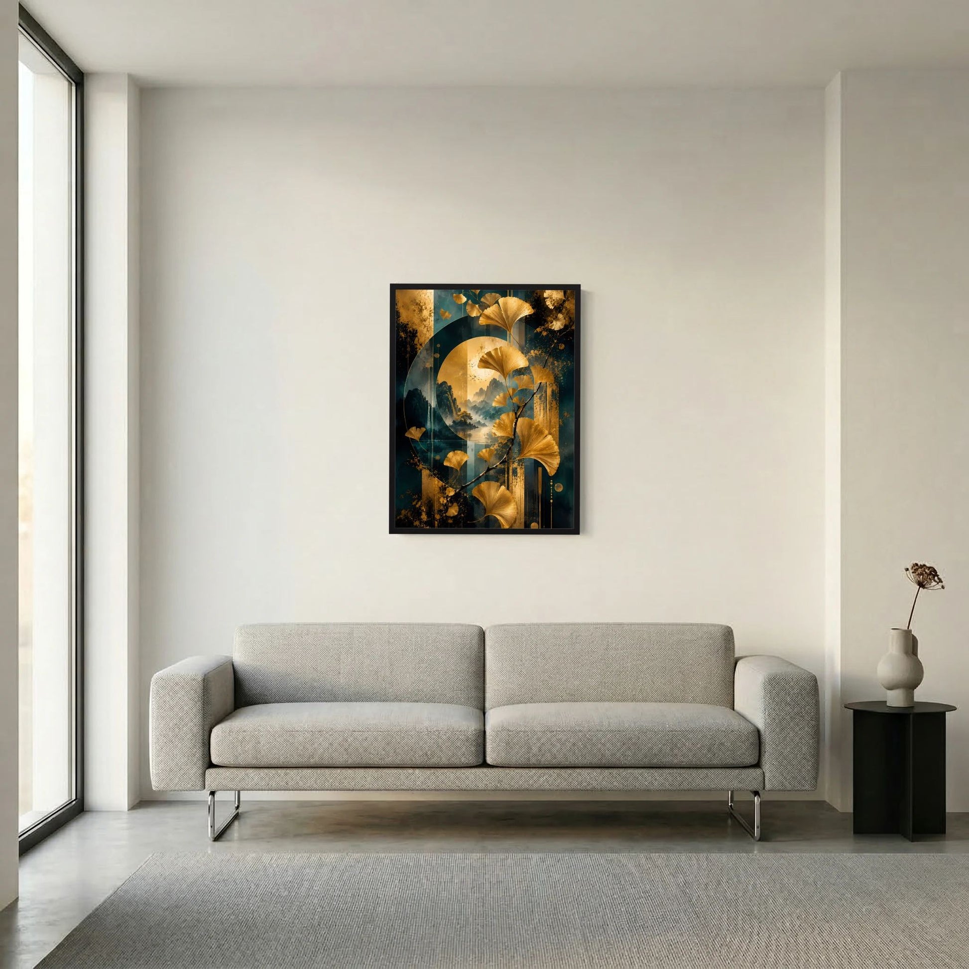 Hochformat-Poster: goldene Ginkgo-Blätter über petrolblauer Landschaft, schwarzer Rahmen