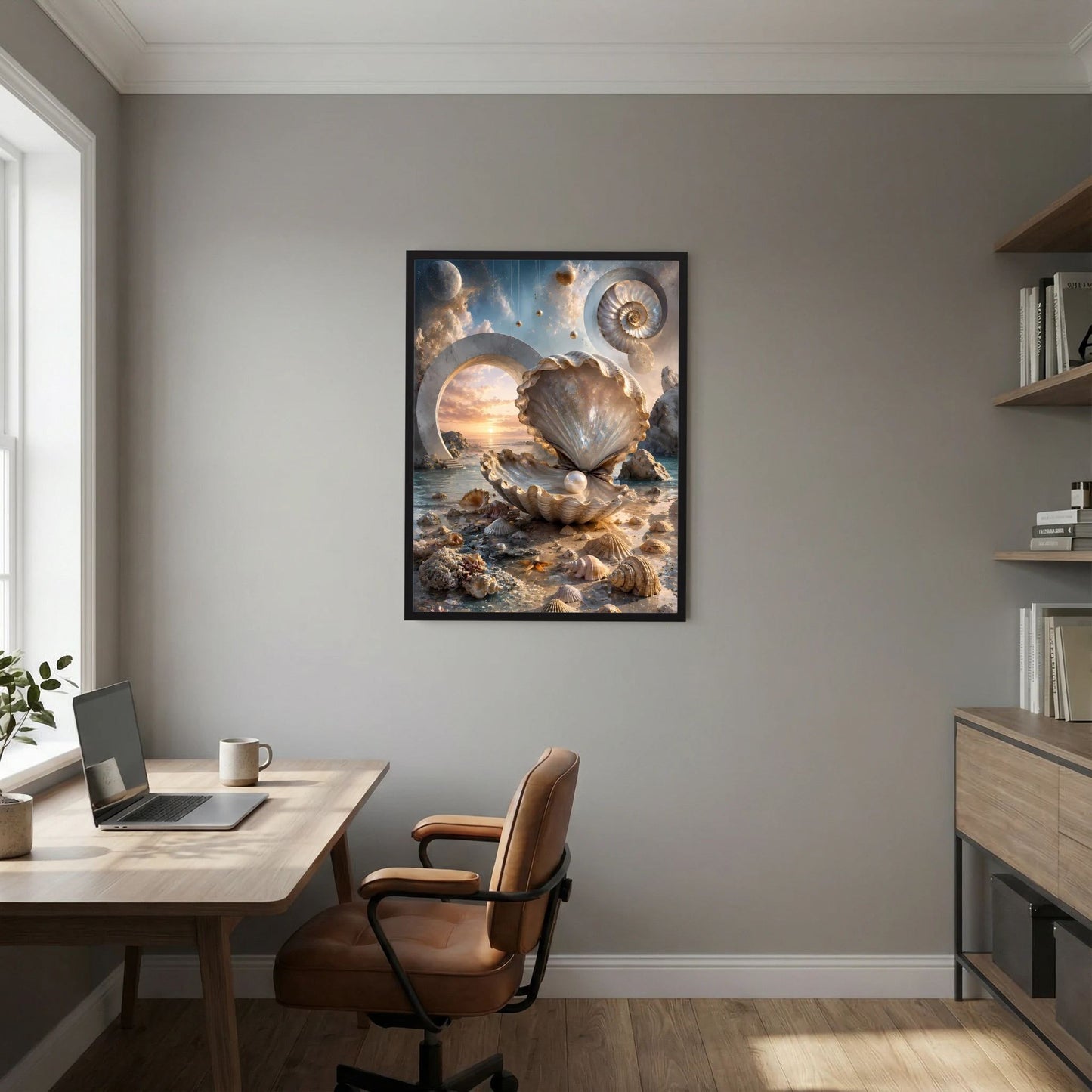 Poster mit Perlmutt-Muschel und Perle über felsigem Meeresgrund in Creme und Gold