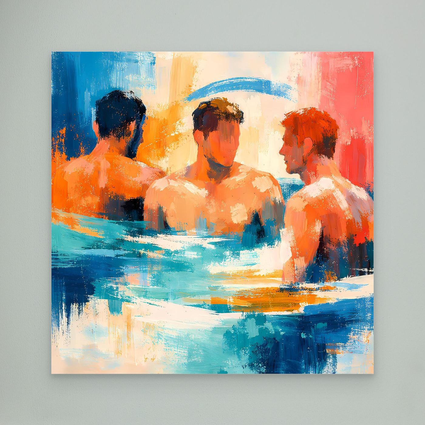 Abstract men-in-water painting wall art, blue and orange figures, unframed