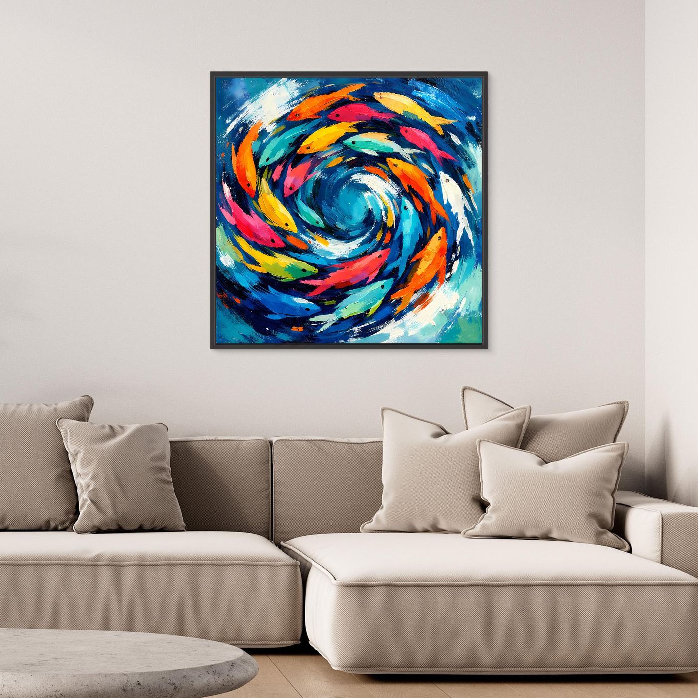 Leinwand Dynamischer Fischschwarm im Strudel | Abstraktes Ozean & Meer Wandbild