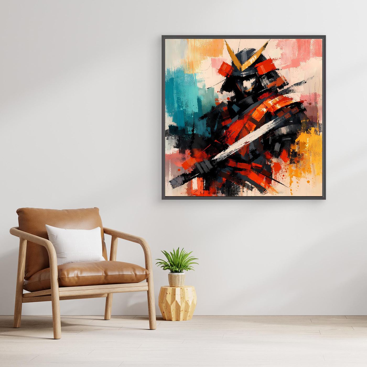 Leinwandbild mit Samurai-Krieger-Motiv, schwarzer Bilderrahmen