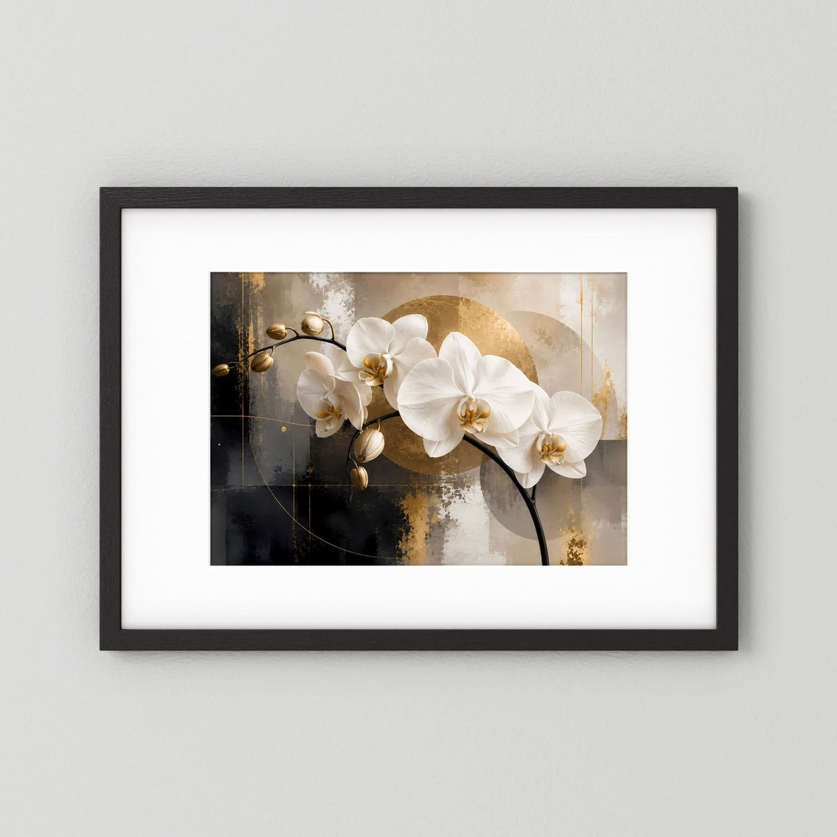 Abstraktes Orchideen-Poster im Querformat mit weißen Blüten, schwarz gerahmt mit weißem Rand