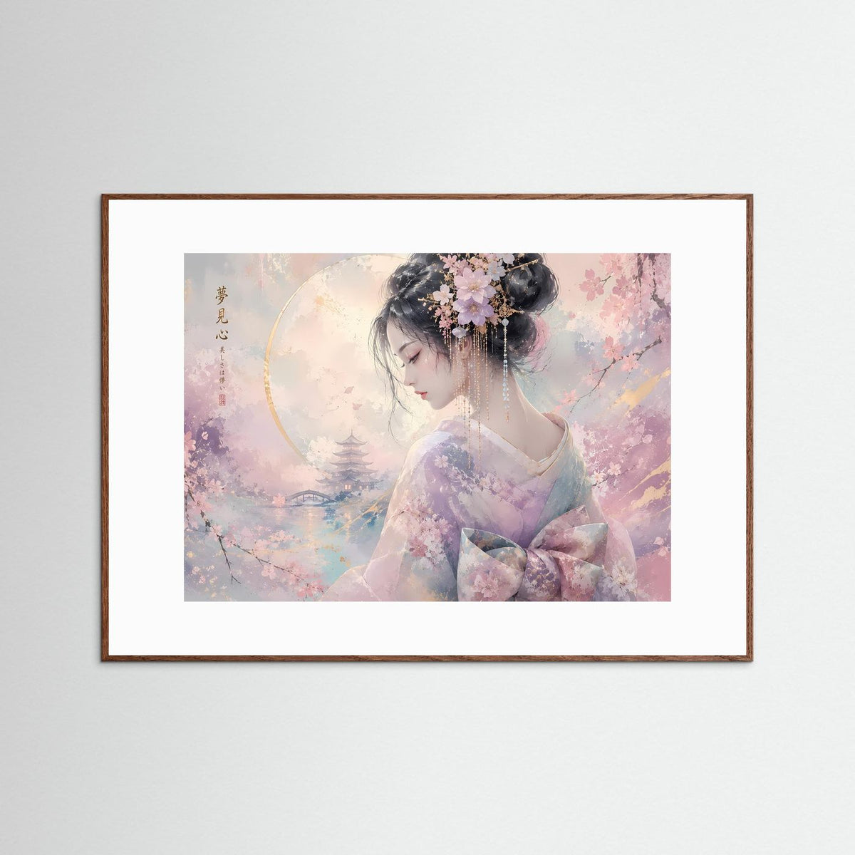 Wandbild mit Sakura-Motiv und brauner Umrandung: Frau im Kimono mit Blumenkranz.