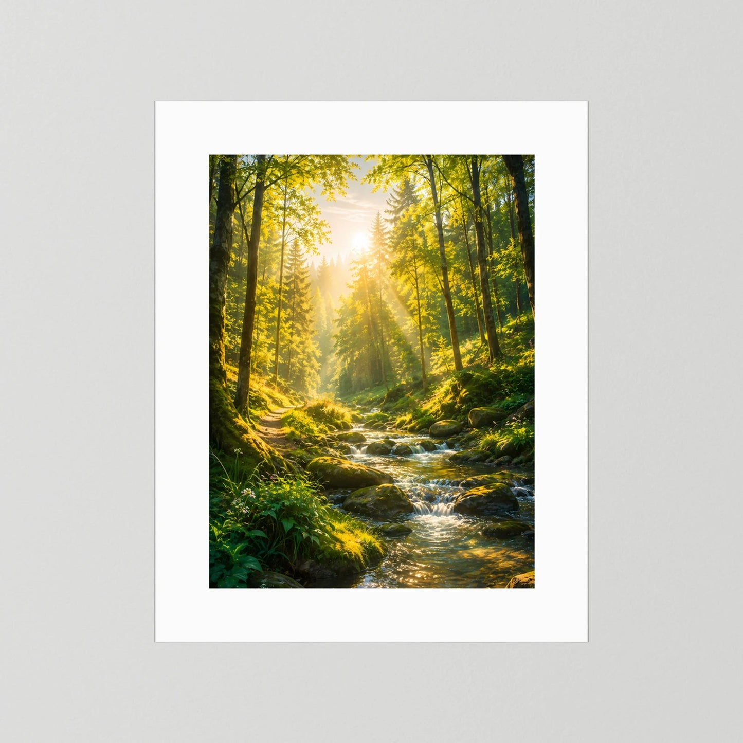 Poster mit weißem Passepartout: Waldbach im Sonnenlicht zwischen Bäumen, Hochformat