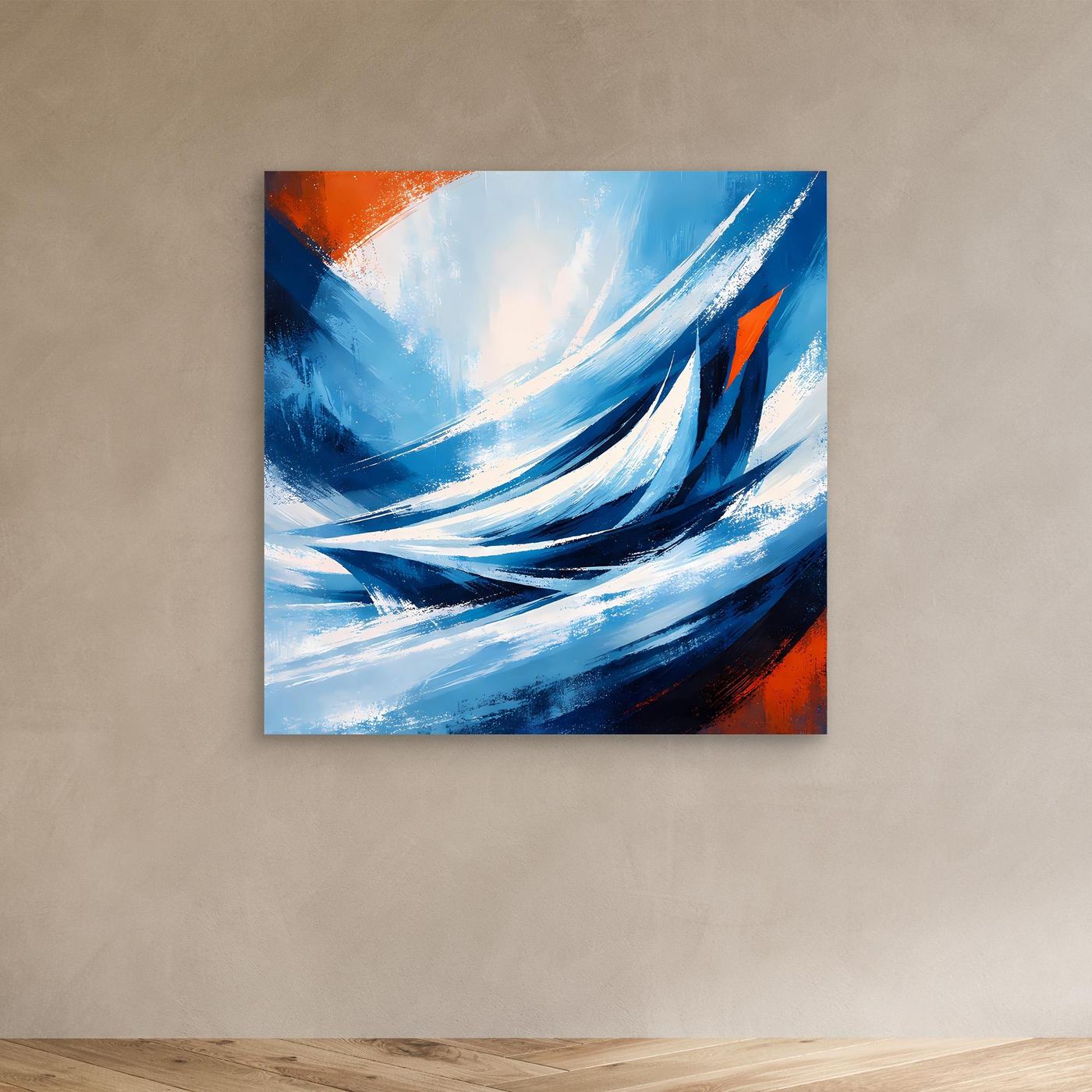 Leinwandbild mit abstrakten Wellen in Blau und Weiß, orange Akzente ohne sichtbaren Rahmen