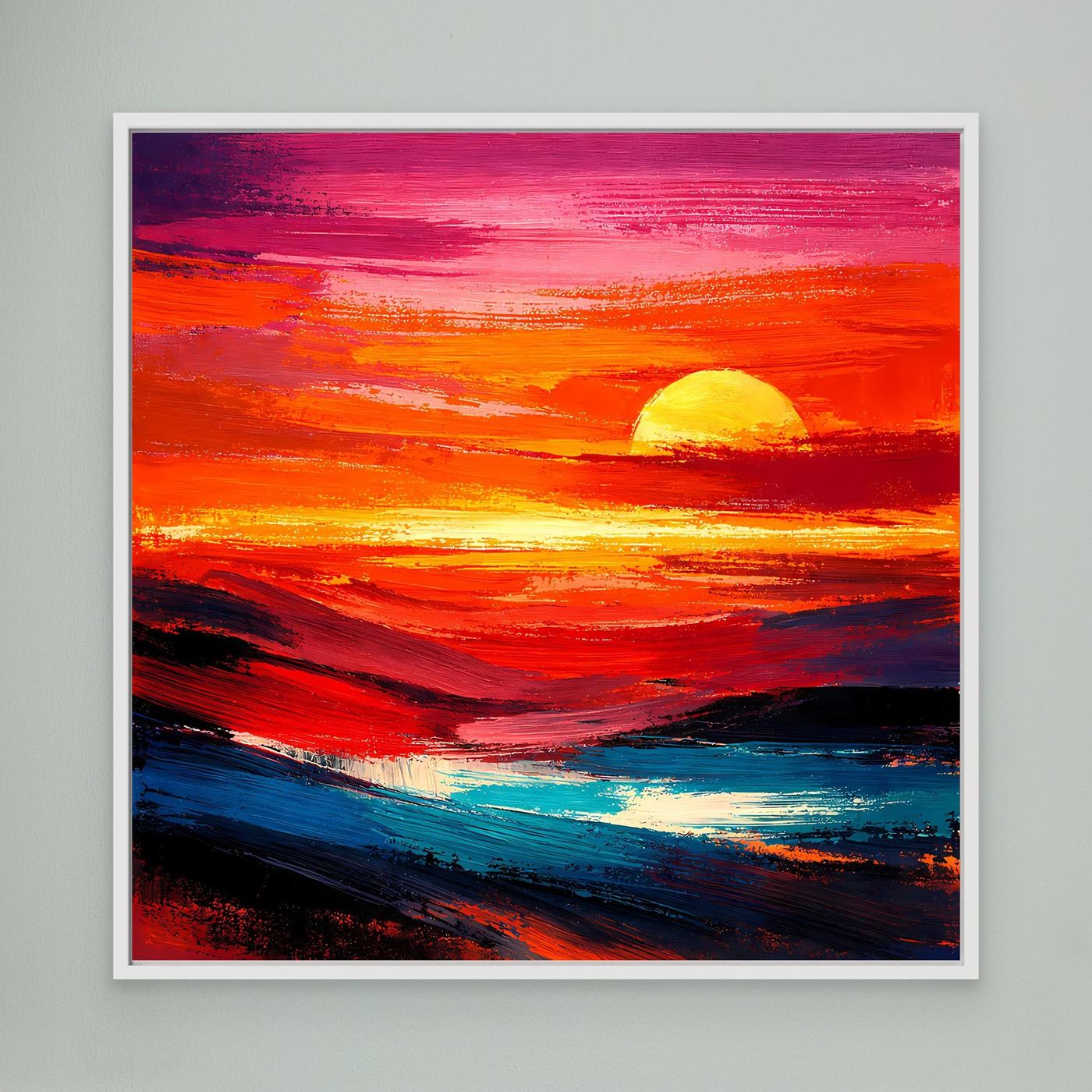 Leinwandbild mit abstraktem Sonnenuntergang und Meer, gelbe Sonne, weißer Rahmen