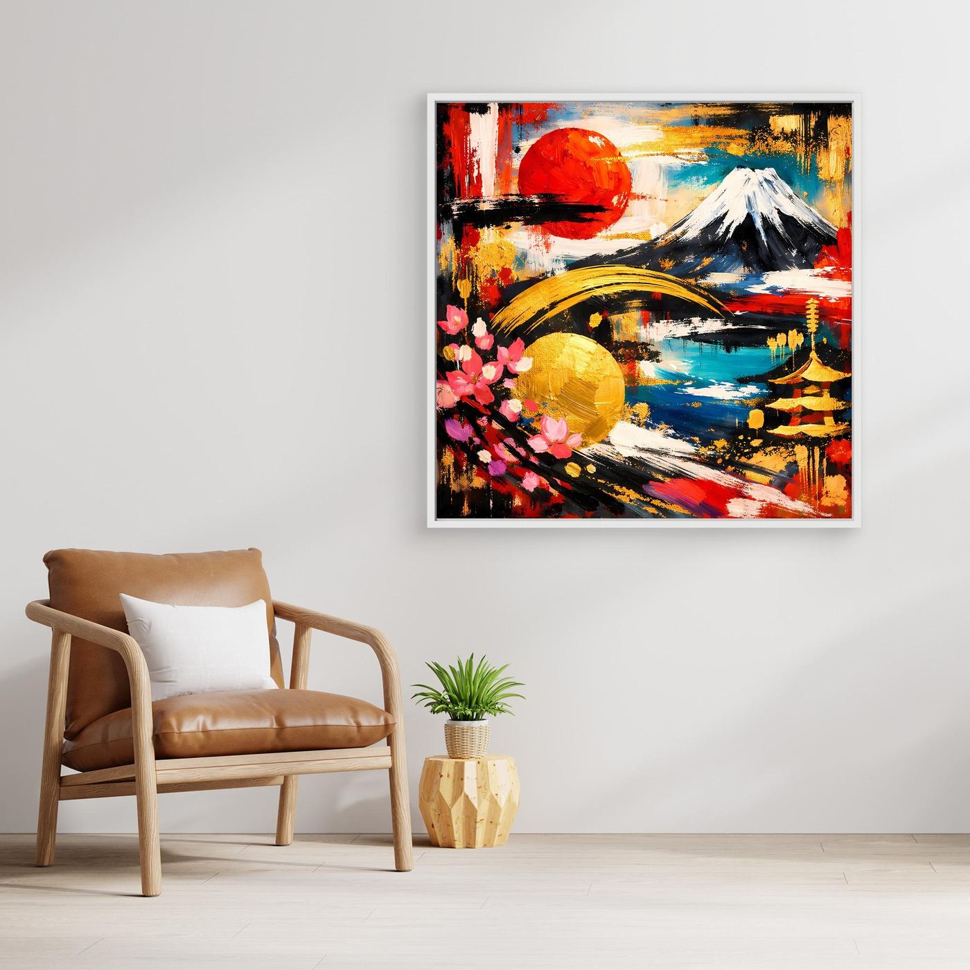 Leinwandbild mit abstraktem Fuji und Kirschblüten, braun gerahmt