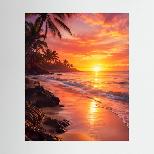 Hochformatiges Poster mit tropischem Strand, Palmen und Sonnenuntergang in Orange und Rosa
