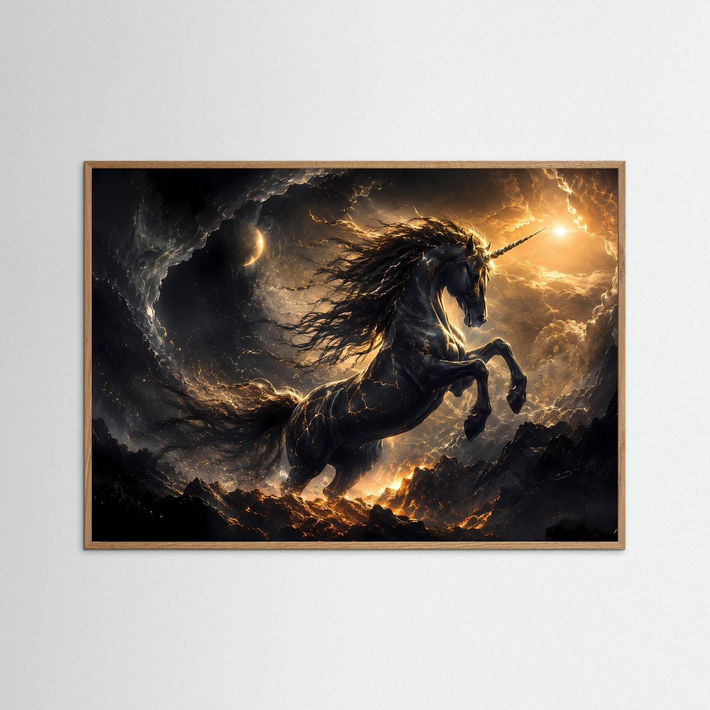 Einhorn Poster | Mystische Fantasy Wandkunst | Schwarzes Einhorn mit Gold | Magische Himmel Landschaft | Leinwandbild Modern
