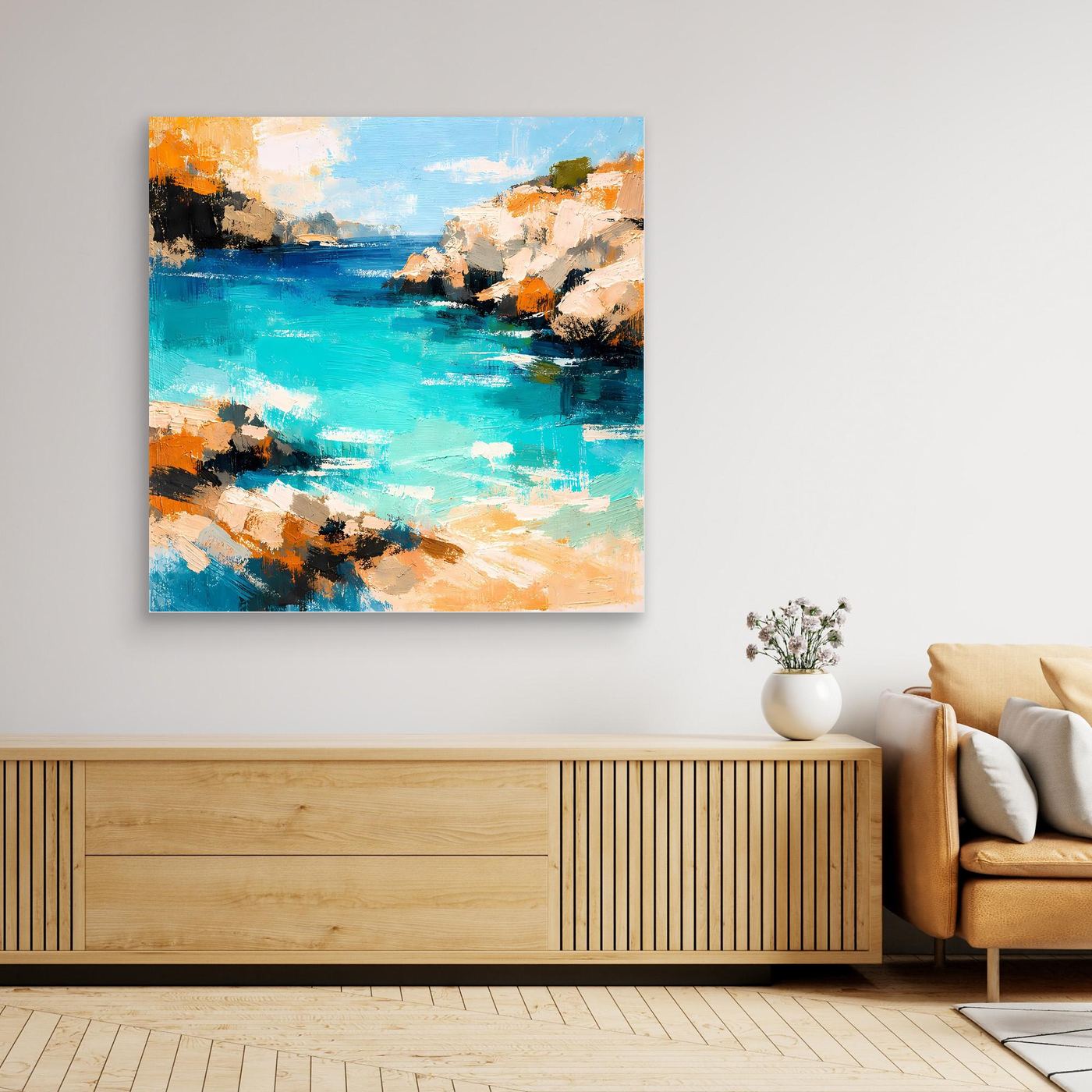 Leinwand Traumhafte Klippenbucht | Abstraktes Mediterranes Küsten Wandbild