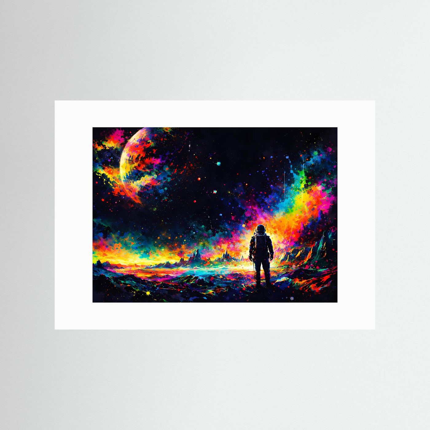 Poster-Wandbild mit Astronaut im Neon-Weltraum-Motiv, weiß gerahmt