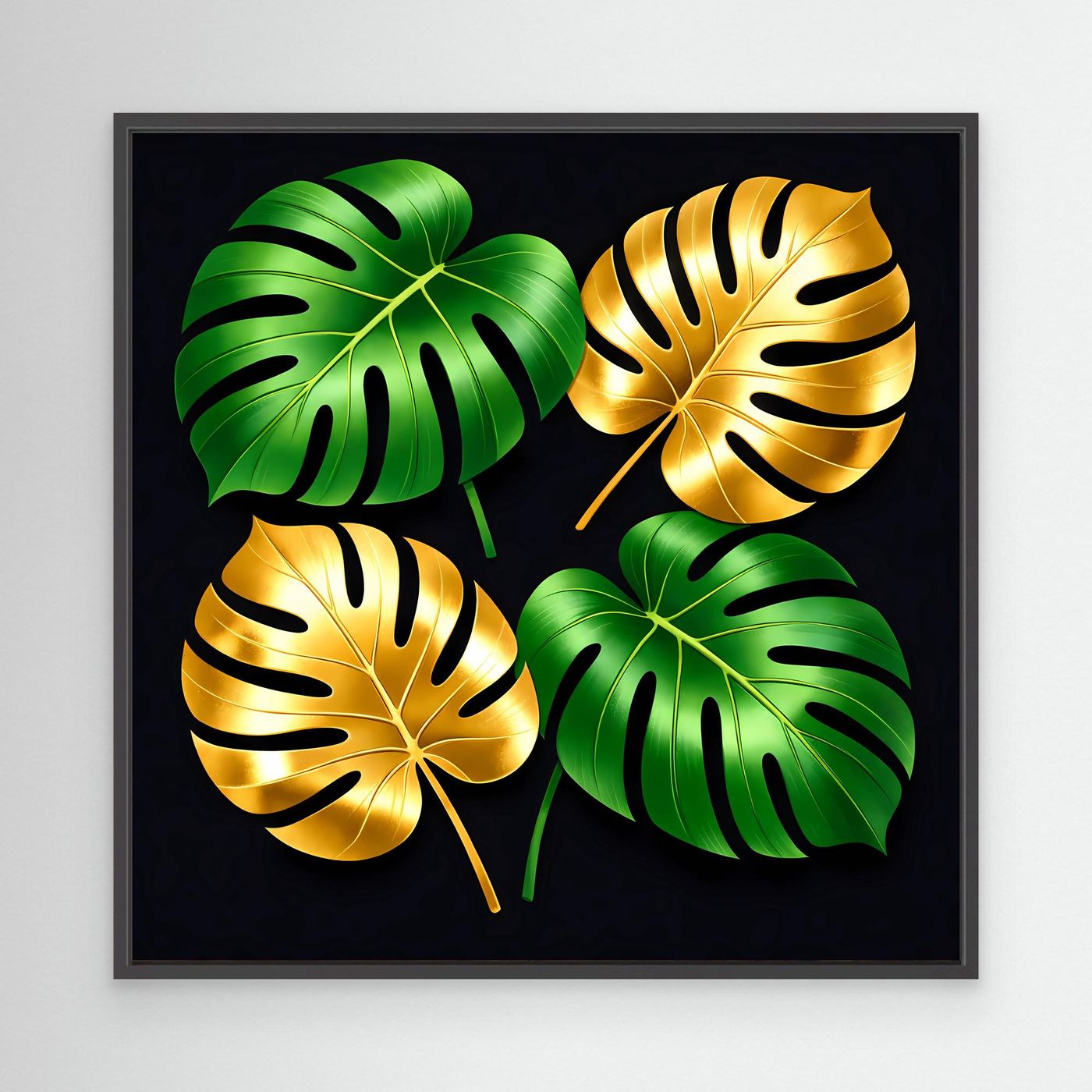 Leinwandbild mit Monstera-Blättern, goldgrün, schwarzer Rahmen