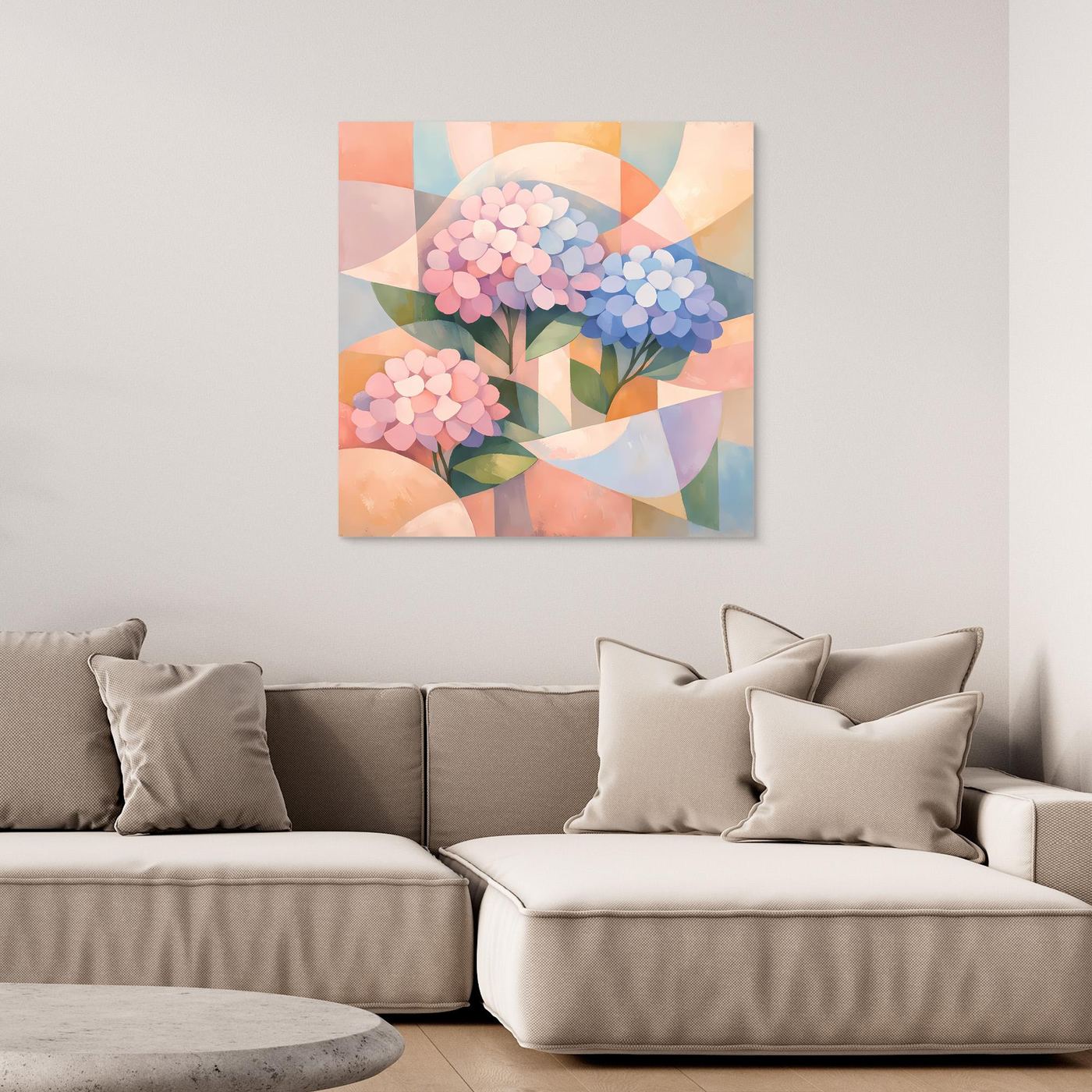 Leinwandbild mit geometrischen Hortensien in Pastellfarben ohne Rahmen