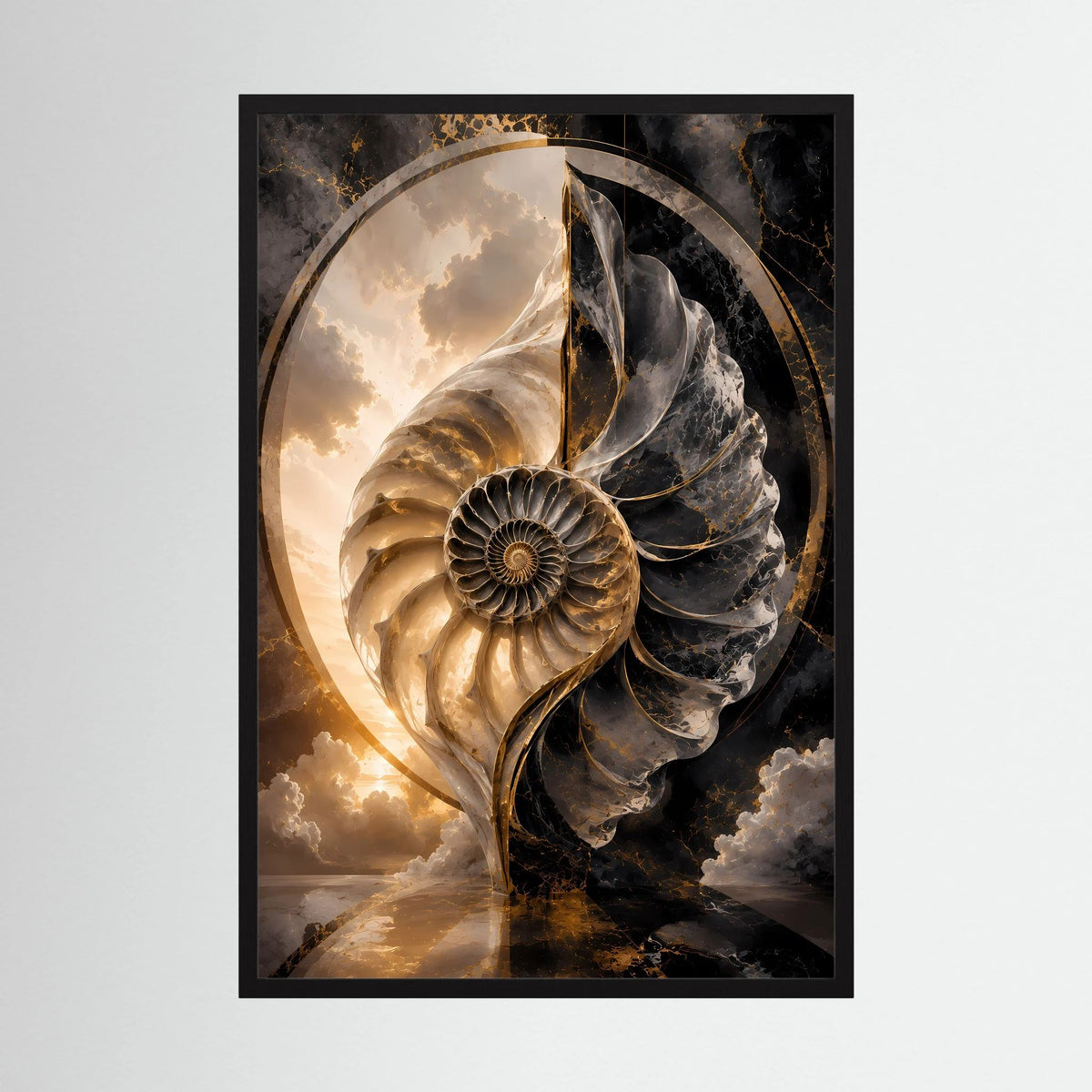 Kunstposter mit Muschelmotiv in Schwarz, Gold und Weiß, gerahmt in dunklem Holz