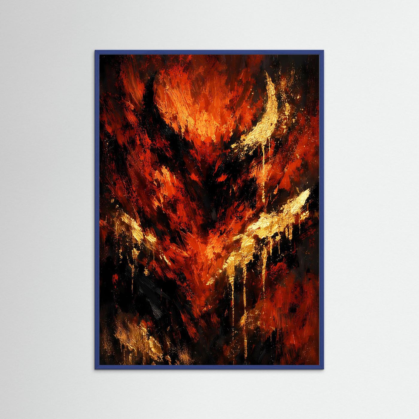 Hochformatiges Poster mit Flammenmotiv in Rot, Gold und Schwarz, blau gerahmt