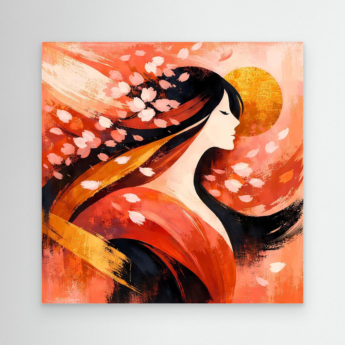 Leinwandbild ohne Rahmen: Geisha-Profil, Kirschblüten, goldene Sonne in rot-oranger Abstraktion