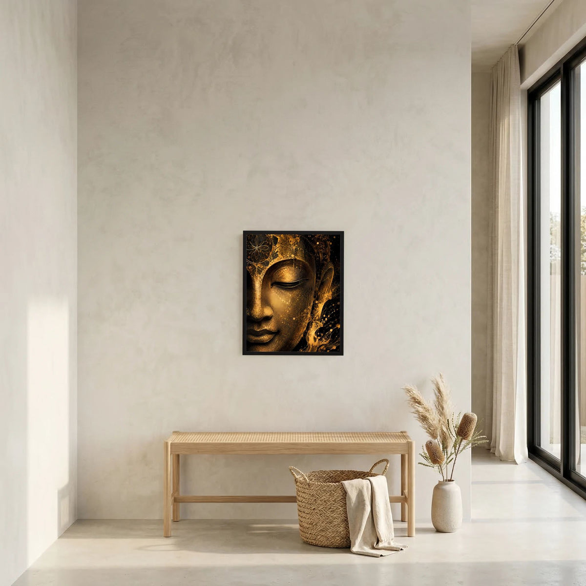 Abstraktes Buddha-Gesicht Poster im schwarzen Rahmen, goldene Augenpartie auf dunklem Motiv