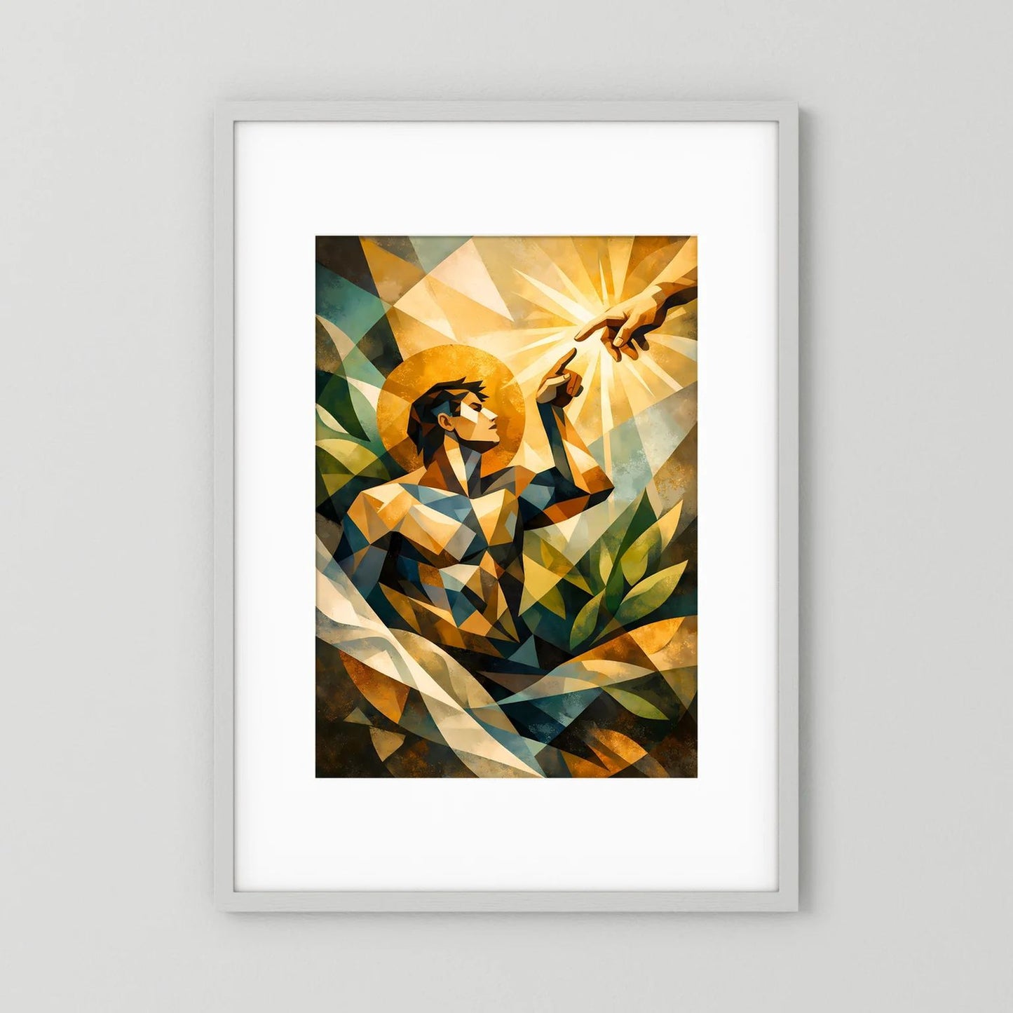 Hochformatiges Wandbild-Poster mit geometrischer Mensch-Figur, goldenen Strahlen und Pflanzen