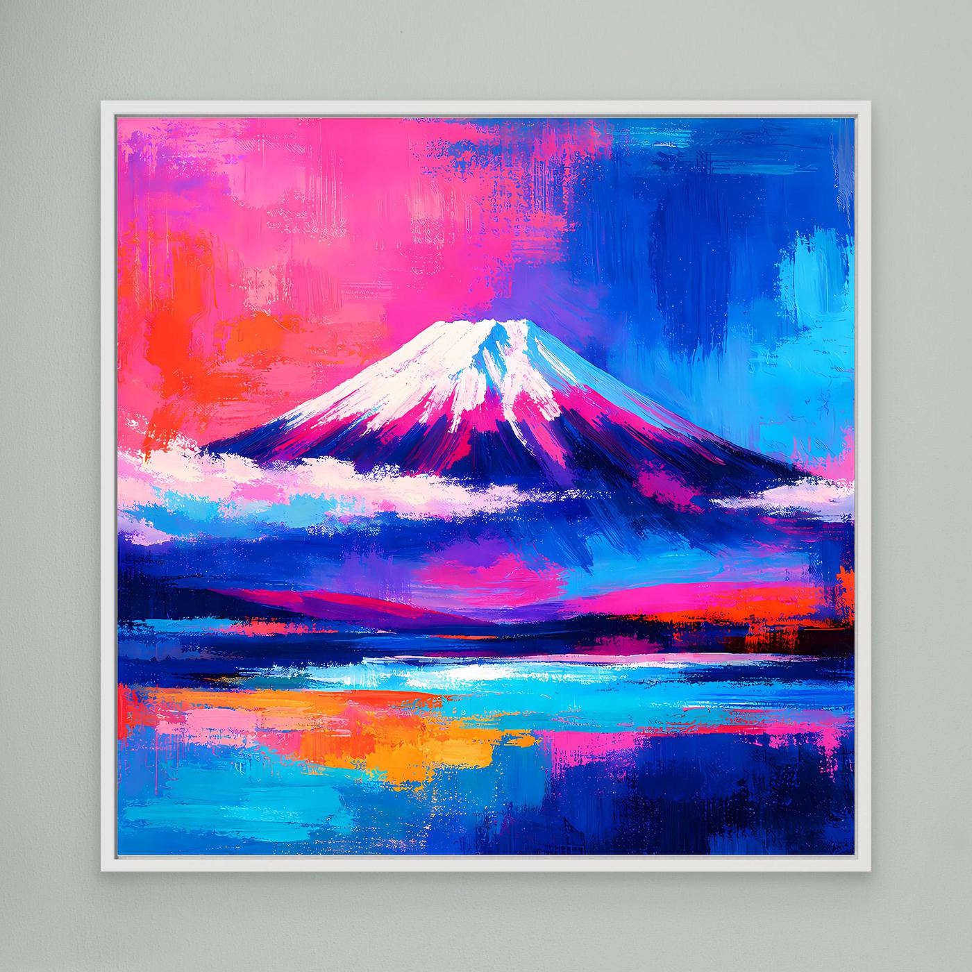 Leinwandbild Abstrakter Fuji bei Sonnenuntergang | Farbenfrohes Berg Wandbild auf echtem Holzkeilrahmen
