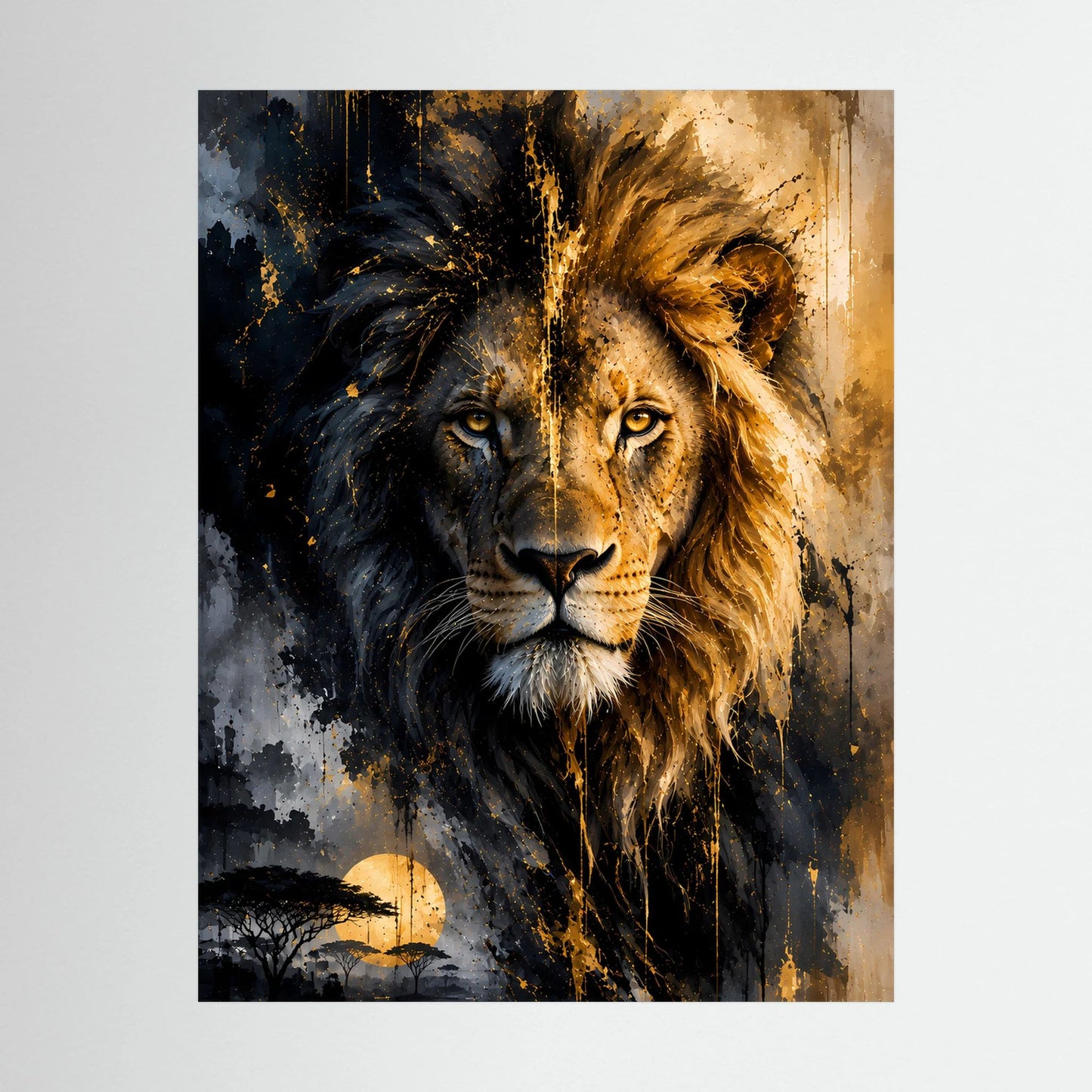 Löwenposter im Hochformat, Nahansicht: abstraktes schwarz-goldenes Gesicht mit leuchtenden Tönen