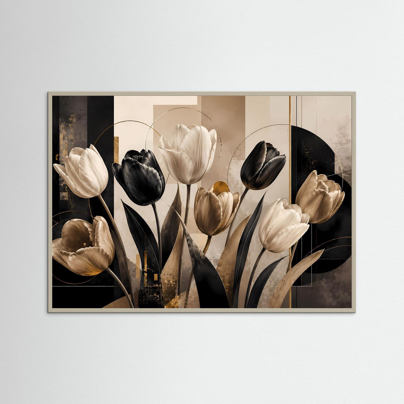 Gerahmtes Poster mit abstrakten Tulpen, cremefarbene und schwarze Blüten, goldfarbene Details