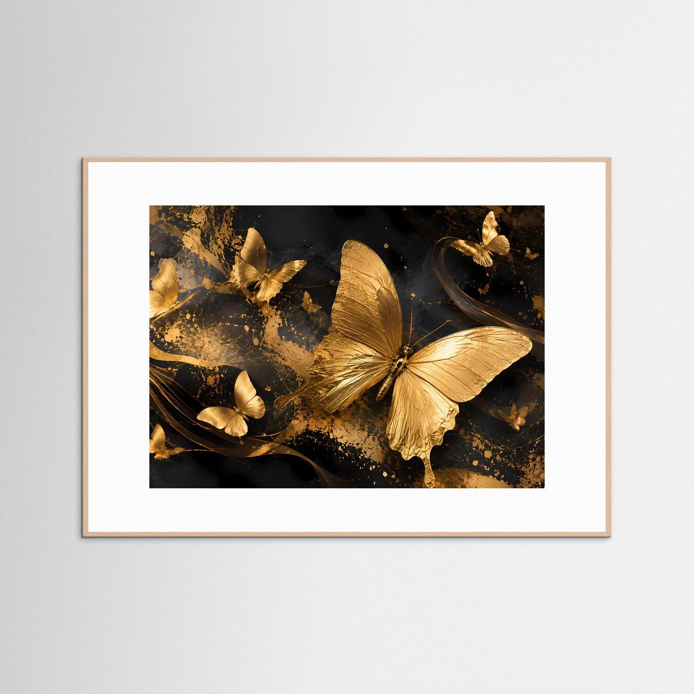 Schmetterlingsposter: goldene Schmetterlinge auf schwarzem abstraktem Hintergrund, heller Holzrahmen