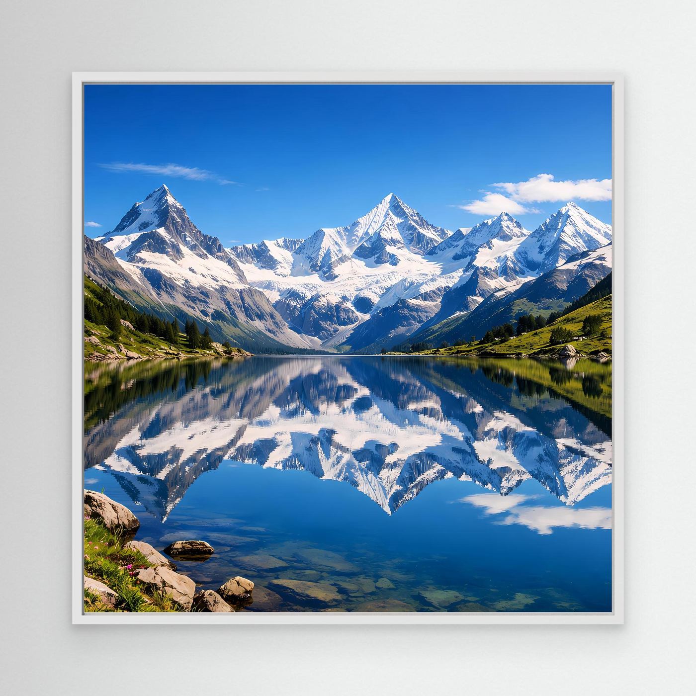 Leinwandbild mit Bergsee und Alpen, Spiegelung im Wasser, weißer Rahmen