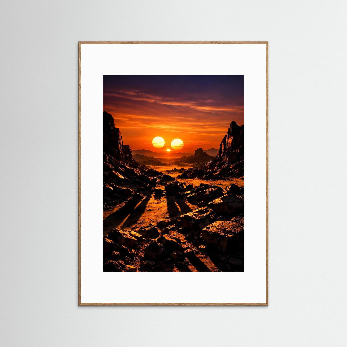 Wandposter mit drei Sonnen und Felsenpfad im Sonnenuntergang, goldbrauner Holzrahmen