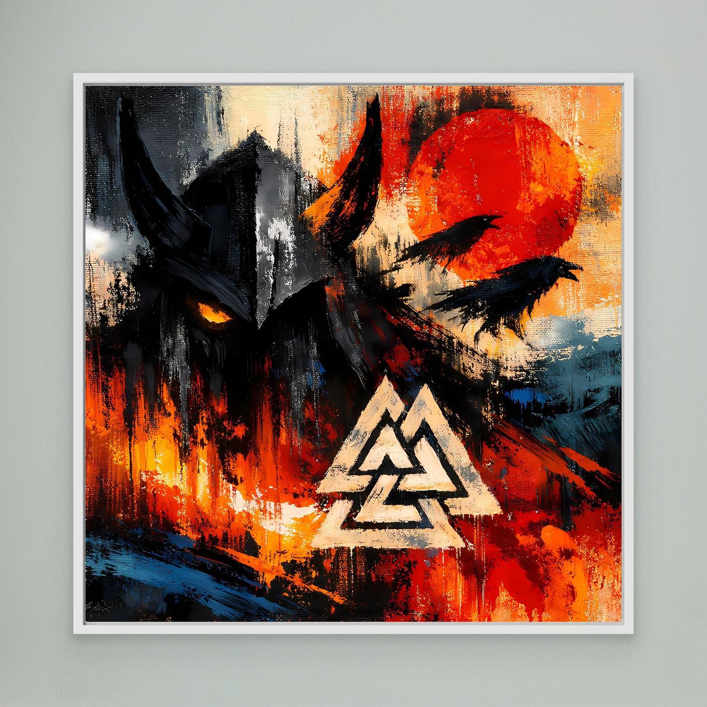 Wandbild im weißen Rahmen mit schwarzem Vogel, roter Sonne und weißem Valknut-Symbol