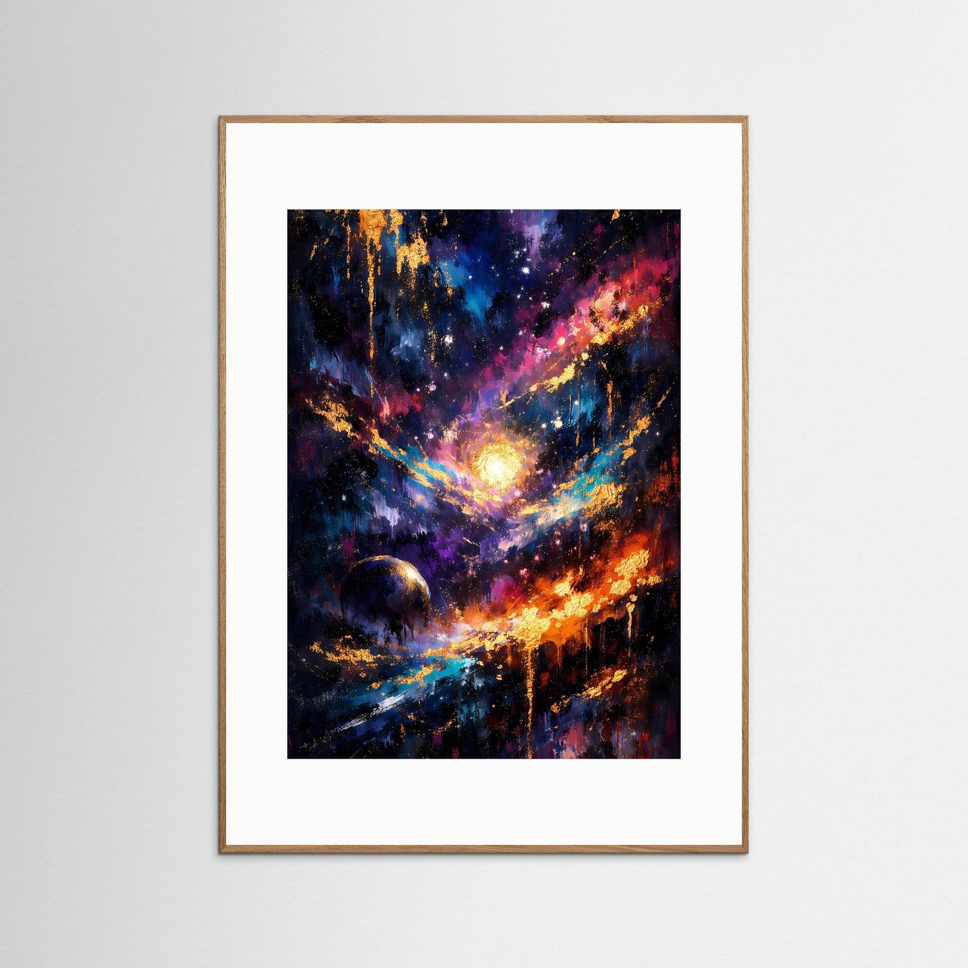 Hochformat-Weltallposter mit goldbraunem Holzrahmen und weißem Passepartout, abstrakte Galaxie