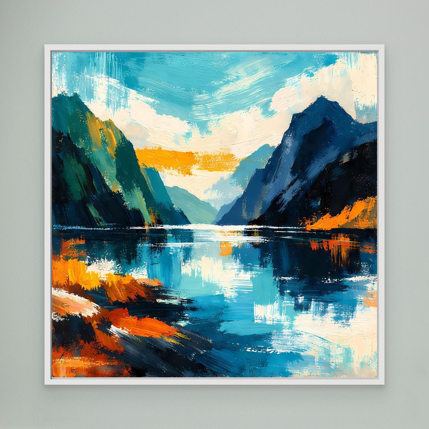 Abstraktes Fjord-Wandbild mit türkis-blauer Farbfläche und weißem Rahmen