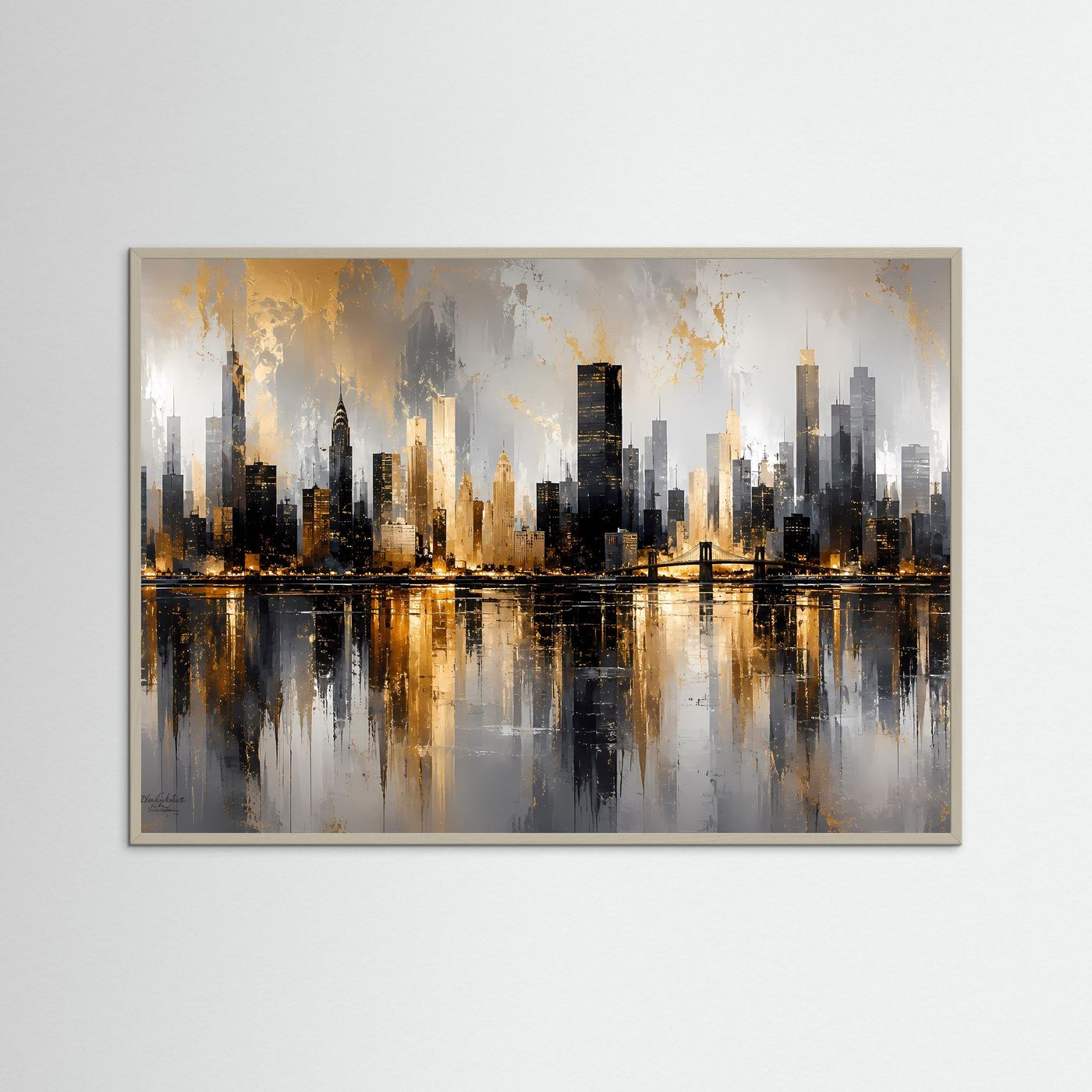 Stadtkunst-Poster Querformat mit Skyline, Wasserreflexion und grauem Rahmen