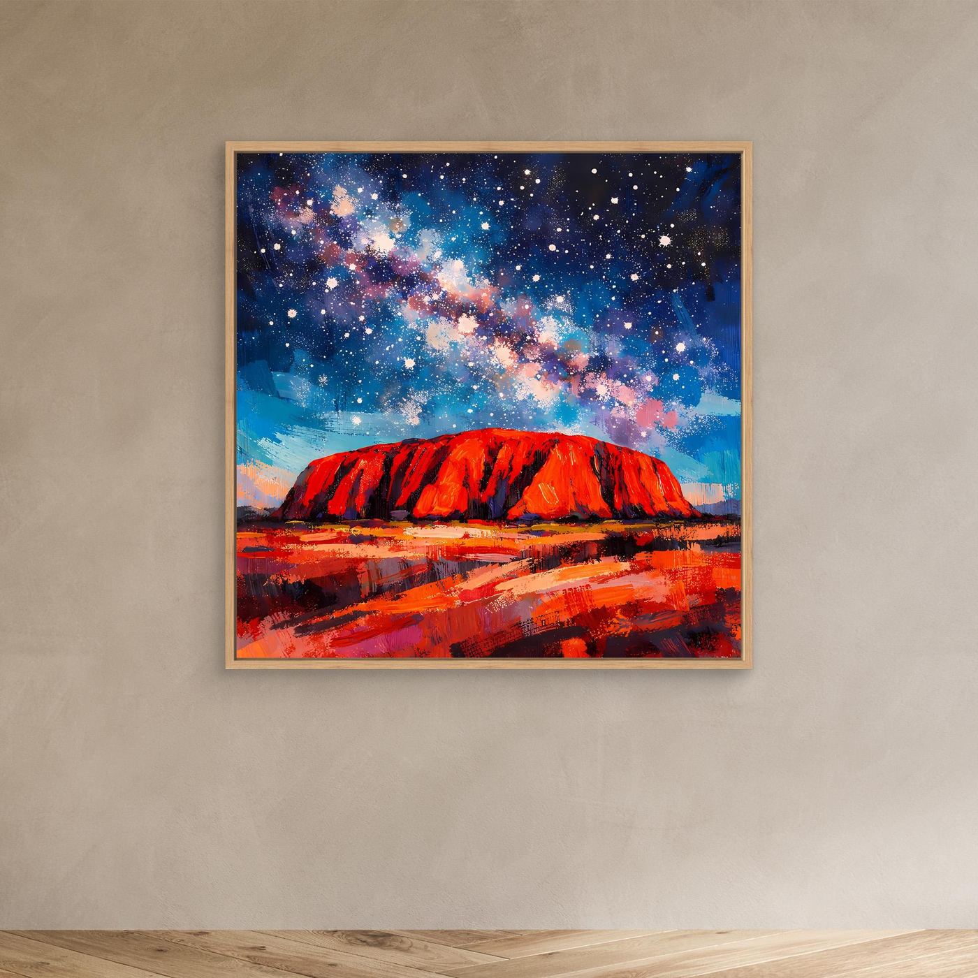 Abstraktes Wandbild auf Leinwand mit Eichenrahmen: roter Felsen, Milchstraße, Sternenhimmel.